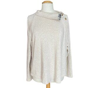 J Crew Factory Button Funnel Neck Top Oatmeal Plaid Trim Cloudspun Fleece-XL